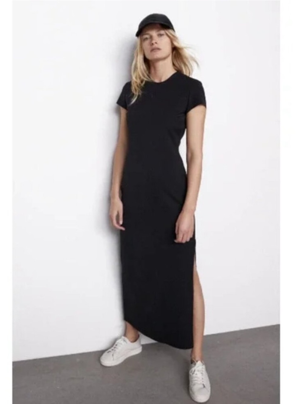 Zara Black Short-Sleeve Maxi Dress with Side Slit
